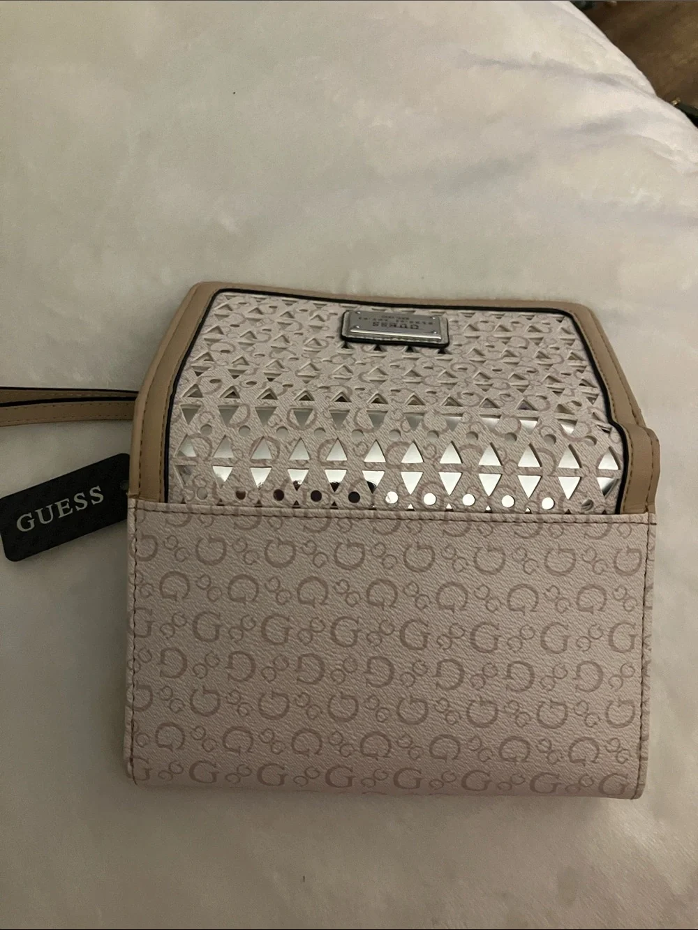 GUESS Beige and Tan Logo-Print Wristlet Clutch